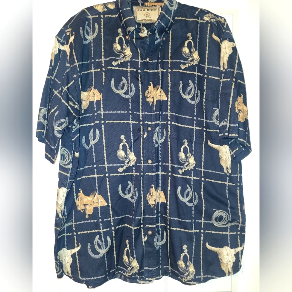 Bit & Bridle Men's Short Sleeve Button Down Shirt Size Large Black Tan Horseshoe